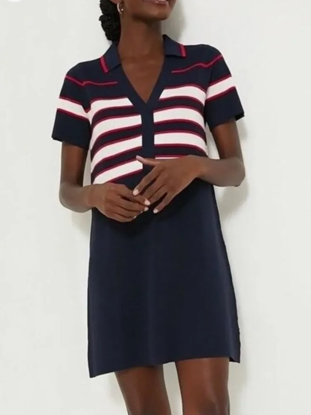 Striped Polo Knit Dress - Navy, White & Red